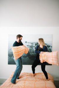Santa Monica engagement session pillow fight Ikea California.
